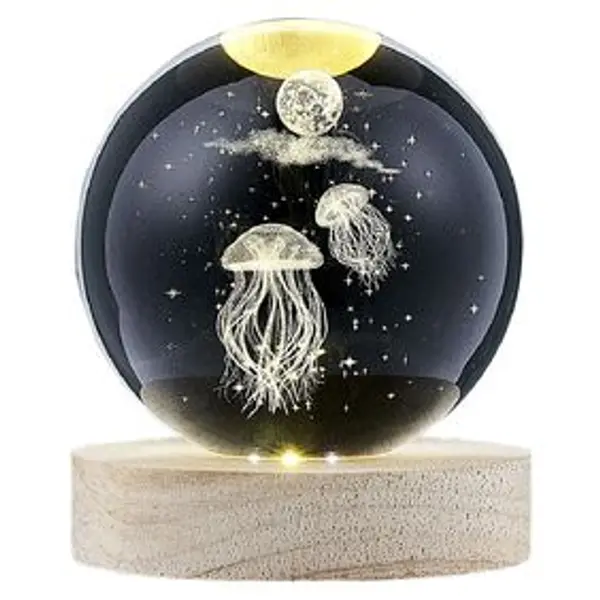 Boule de cristal gravée socle LED thème méduse Ø9xH10cm