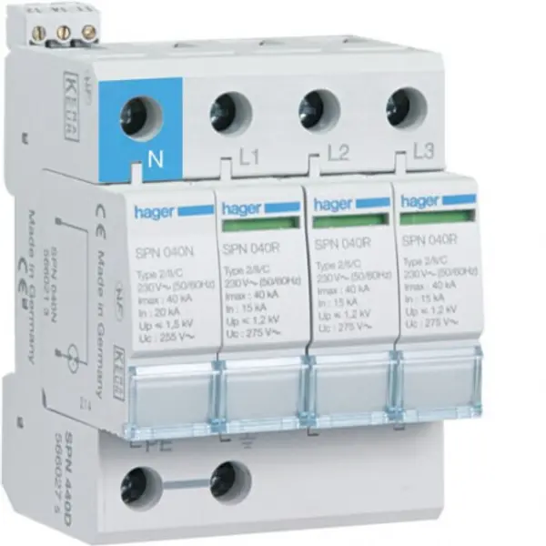 SPN415R Hager - Parafoudre tétrapolaire de type 2 - 15 kA - report de signalisation