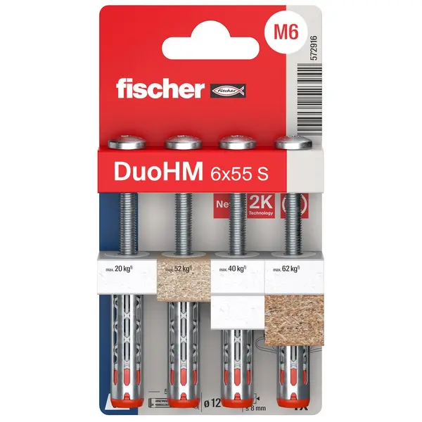 Lot de 4 chevilles murale avec vis DuoHM FISCHER, Diam.6 x L.55 mm - FISCHER