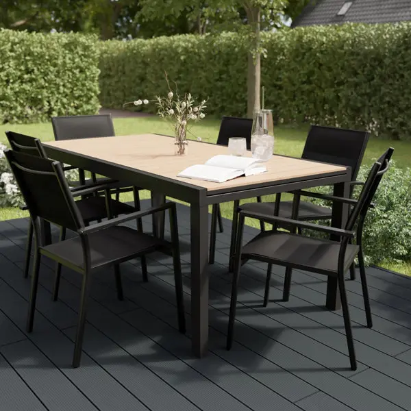 Table en aluminium et plateau imitation bois "AMELA" - L. 161,5 x l. 100 x H. 75,5 cm.