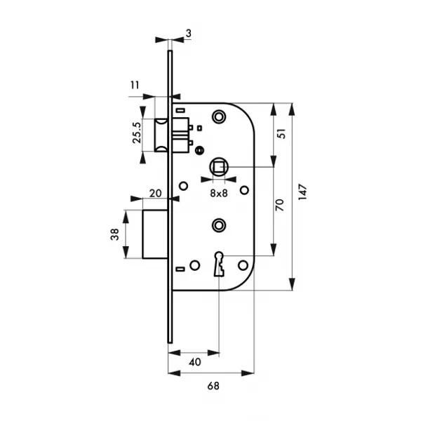 Serrure encastrable à clé pour porte de chambre, 1/2 tour, axe 40mm, bouts carrés, 1 clé - THIRARD