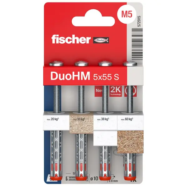 Lot de 4 chevilles murale avec vis DuoHM FISCHER, Diam.5 x L.55 mm - FISCHER