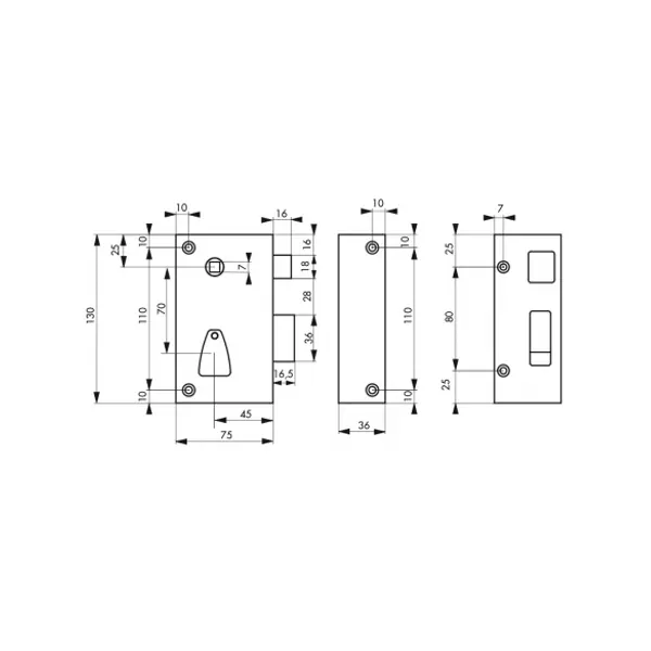 Serrure verticale en applique 6 gorges à fouillot pour entrée, droite, axe 45mm, carré 7mm, 75x130mm, noir, 2 clés - THIRARD