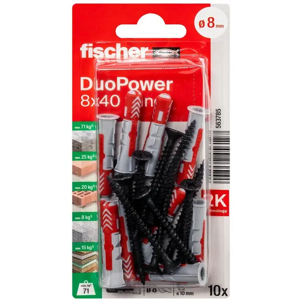Lot de 10 chevilles multi-matériaux DuoPower FISCHER, vis noires Diam.8 x L.40 m - FISCHER