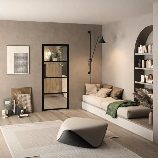 Bloc porte intérieure loft OPTIMUM noir, aluminium et verre 83 cm poussant gauche