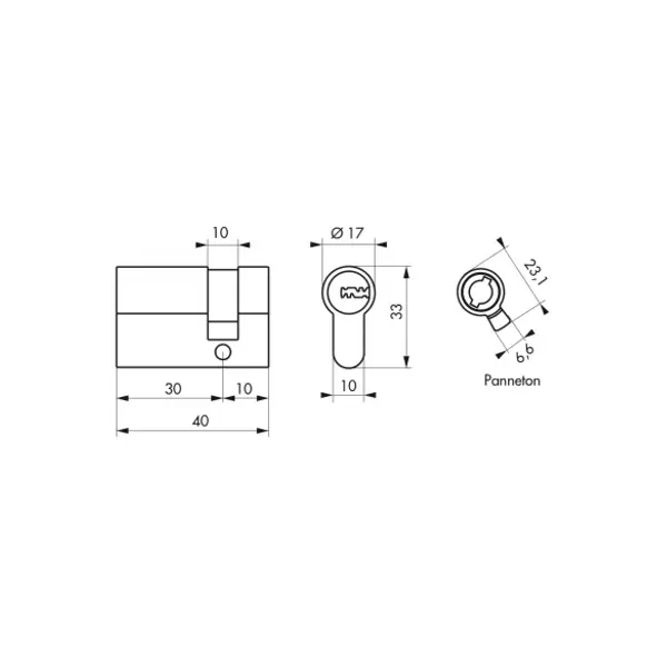 Demi-cylindre de serrure Trafic 6, 30x10mm, anti-arrachement, anti-perçage, laiton, 5 clés - THIRARD