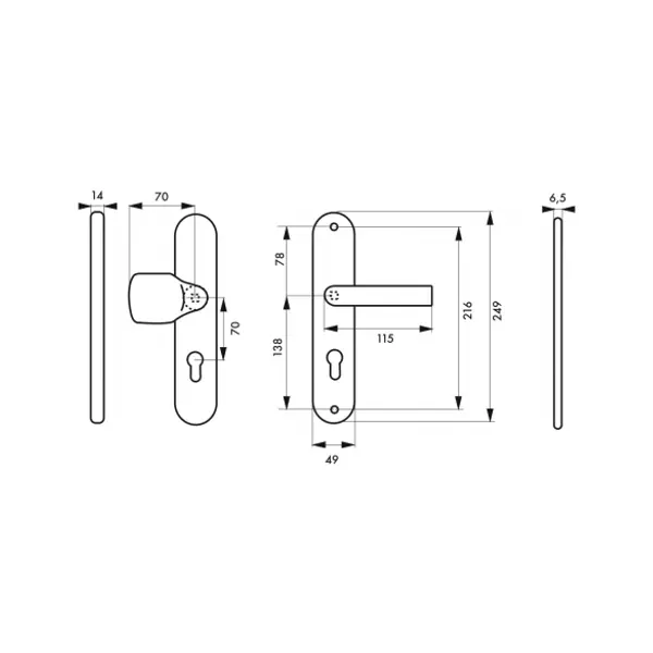 Ensemble de poignées de sécurité palière pour porte d'entrée, béquille et aileron, entr'axe 216mm, couleur F2 - THIRARD