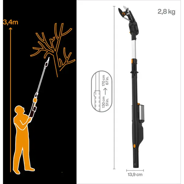 Coupe-branche (outil seul) à batteries amovibles 12V-4 Ah - portée 3,4m, diam. de coupe 32mm, tête réglable 230° - FISKARS