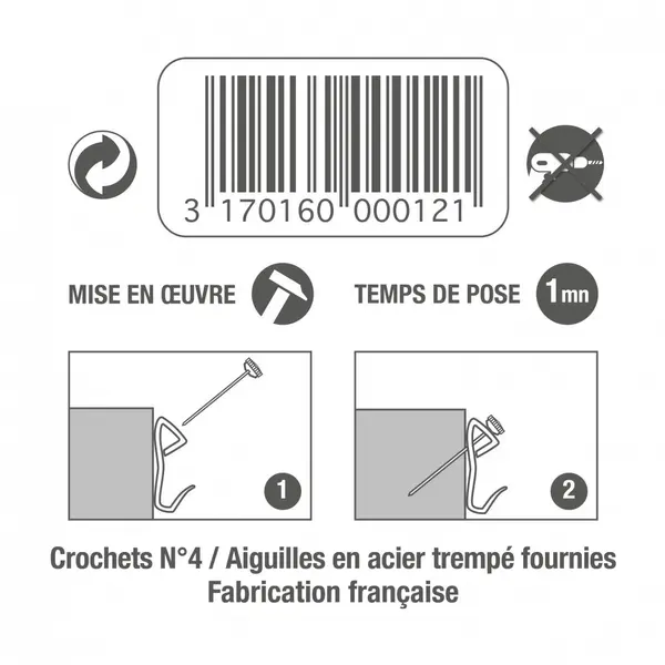 Lot de 3 crochets pour cadres lourds LE CROCHET FRANCAIS L.20 x l.38 mm - LE CROCHET FRANCAIS