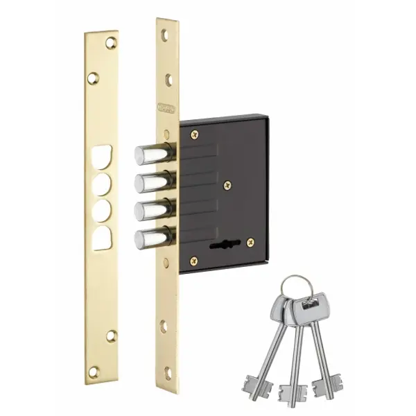 Serrure encastrable pour porte d'entrée, axe 40mm, 4 pênes ronds, têtière laitonnée, 3 clés - THIRARD