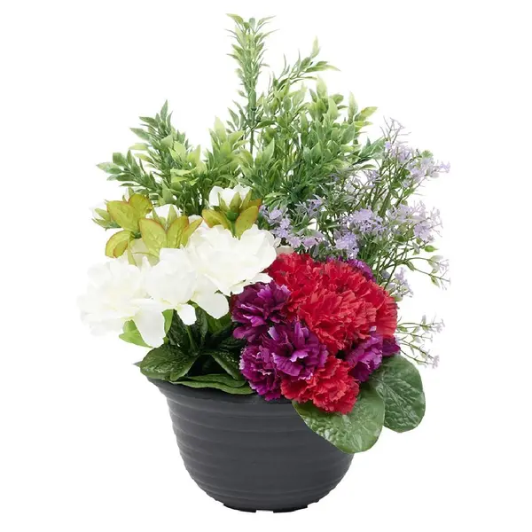Composition artificielle sapin azalée violette pensée dans pot plastique H38cm