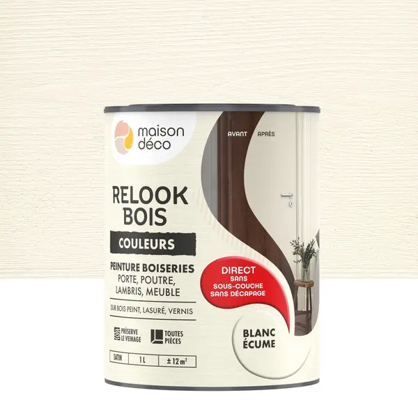 Peinture Relook bois MAISON DECO, blanc ecume satine, 1 l - MAISON DECO
