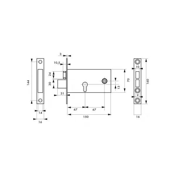 Boitier de serrure encastrable à cylindre pour porte d'entrée, axe 67mm, bouts carrés - THIRARD