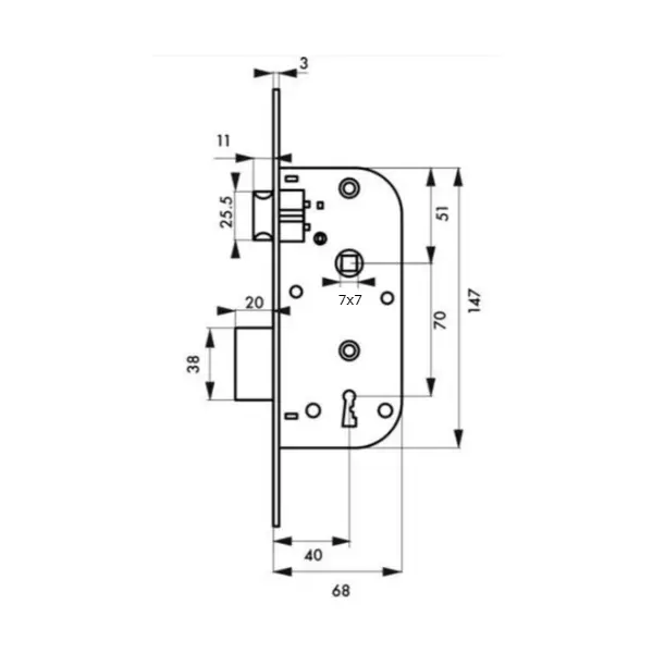 Serrure encastrable à clé pour porte de chambre, axe 40mm, bouts carrés, 1 clés - THIRARD