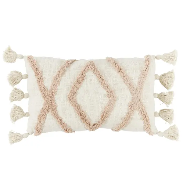 Coussin déco pompon ethnique 30x50cm beige