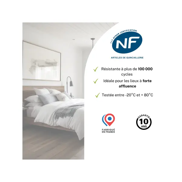 Serrure encastrable NF à clé pour porte de chambre, axe 40mm, bouts ronds, 1 clé - THIRARD