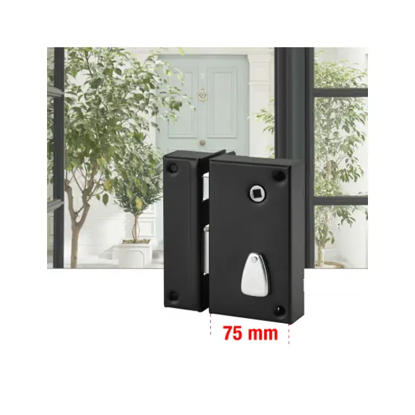 Serrure verticale en applique 6 gorges à tirage pour entrée, gauche, axe 45mm, carré 7mm, 75x130mm, noir, 2 clés - THIRARD