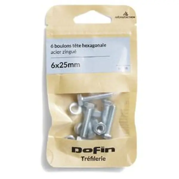 6 boulons tête hexagonale acier zingué - 6x25 mm