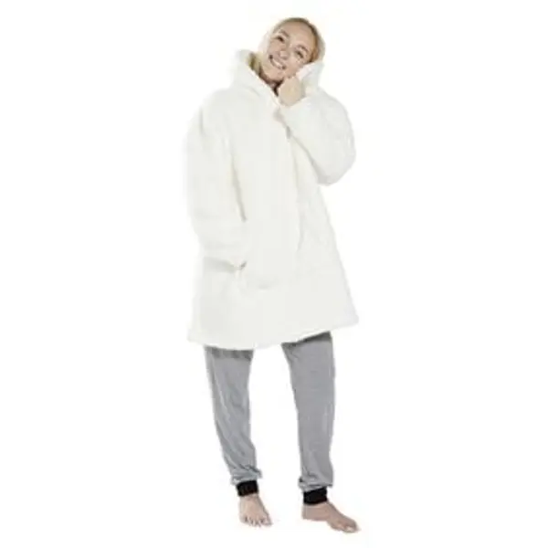 Pull plaid adulte polaire à capuche - beige ou blanc