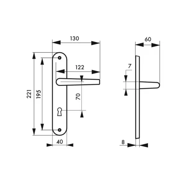 Ensemble de poignées pour porte de chambre Helios trou de clé, carré 7mm, entr'axes 195mm, nickelé brossé - THIRARD