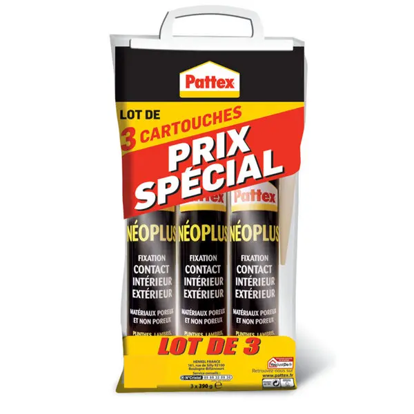 Lot de 3 cartouches, colle de fixation Néoplus type néoprène, tous matériaux, 390 g