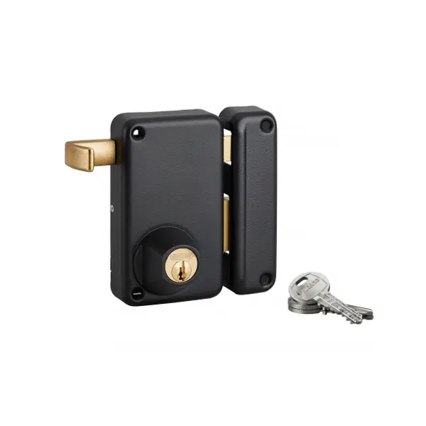 Serrure verticale en applique double entrée à tirage pour porte d'entrée, droite, axe 45mm, 75x130mm, noir, 3 clés - THIRARD