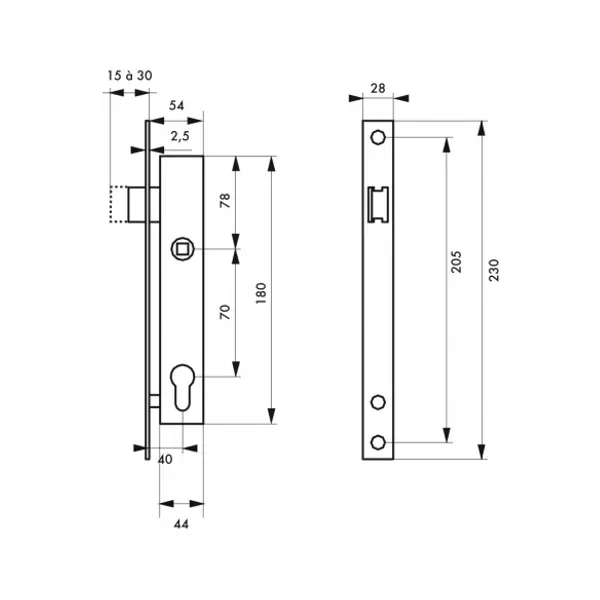 Boitier de serrure encastrable à cylindre pour portail, axe 40mm, bouts carrés, noir - THIRARD