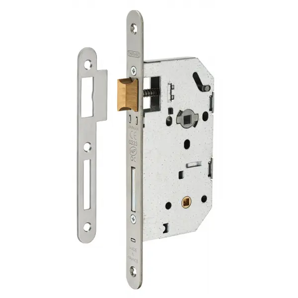 Serrure encastrable Unimax CE NF QC à condamnation pour salle de bain et toilette, axe 50mm, bouts ronds, têtière inox - THIRARD