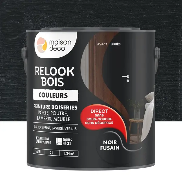 Peinture Relook bois MAISON DECO, noir fusain satine, 2 l - MAISON DECO