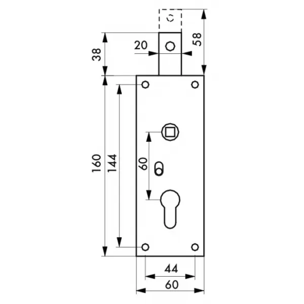 Boitier de serrure en applique à double entrée à fouillot pour garage basculante, 1pts haut, 60x160mm, carré 7mm, gris - THIRARD