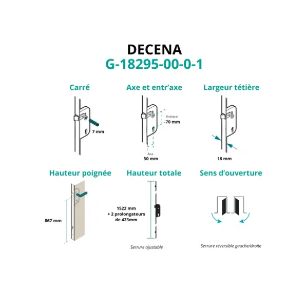Boitier de serrure encastrable Decena à cylindre pour porte bois, ajustable, axe 50mm, 2pts, G-18295-00-0-1 - FERCO by THIRARD