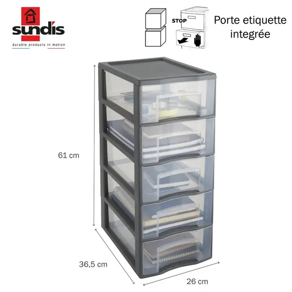 Tour de rangement plastique A4 Tag Tower 5 tiroirs transparents - gris - SUNDIS