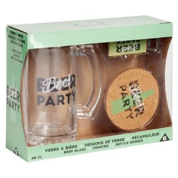 Coffret bière 3 pièces verre décapsuleur et sous-verre - 2 modèles