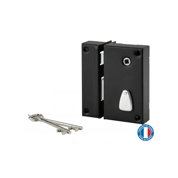 Serrure verticale en applique 6 gorges à fouillot pour entrée, gauche, axe 45mm, carré 7mm, 75x130mm, noir, 2 clés - THIRARD