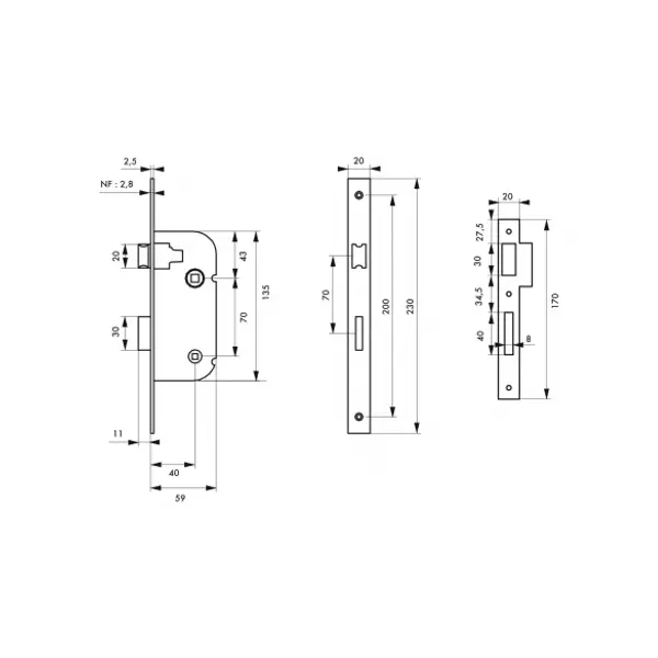 Serrure encastrable NF à condamnation pour salle de bain et toilette, axe 40mm, bouts carrés, zingué - THIRARD