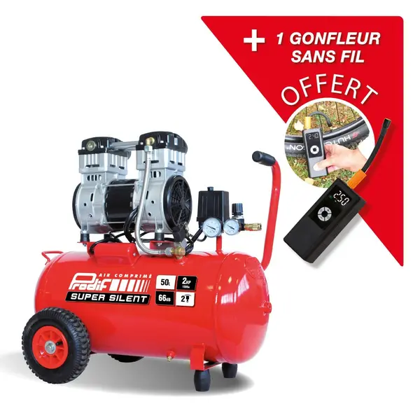 Compresseur d'atelier silencieux PRODIF 50 l 2 cv SIL850GSF 12 V + gonfleur sans fil - PRODIF