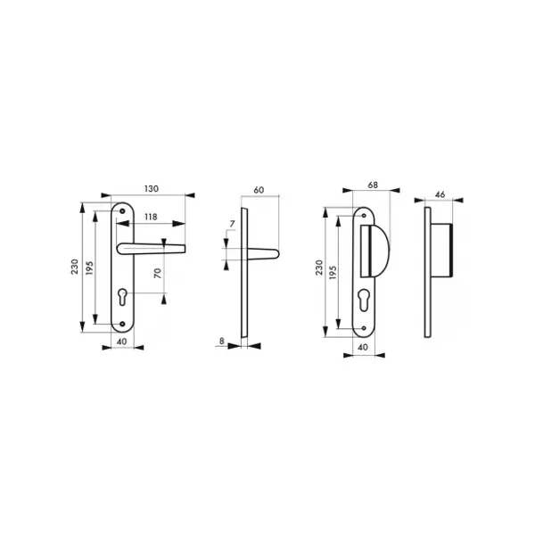 Ensemble de poignées pour porte d'entrée palière Crecy trou de cylindre, carré 7mm, entr'axes 195mm, anodisé argent - THIRARD