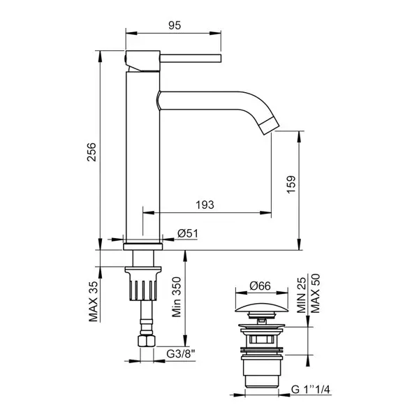 Mitigeur lavabo haut laiton brossé effet or avec bonde clic clac SINDIA H. 25,6 cm