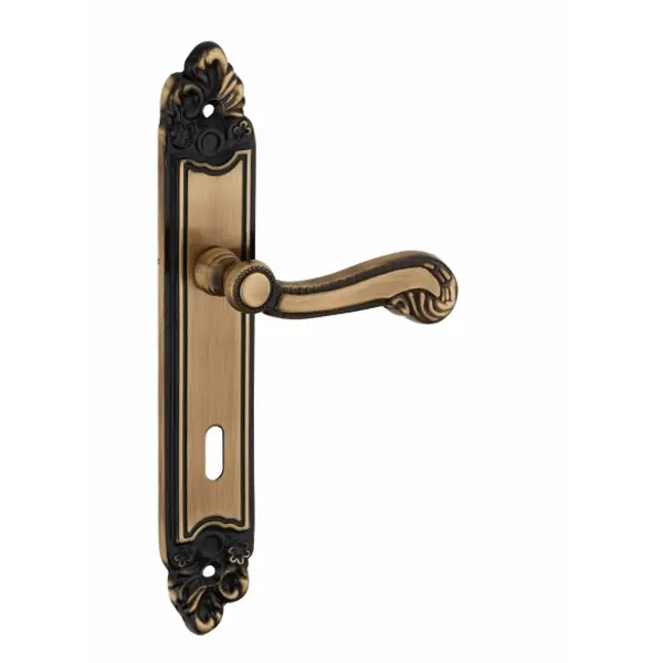 Ensemble de poignées pour porte de chambre Louis XV trou de clé, carré 7mm, entr'axes 195mm, laiton vieilli - THIRARD