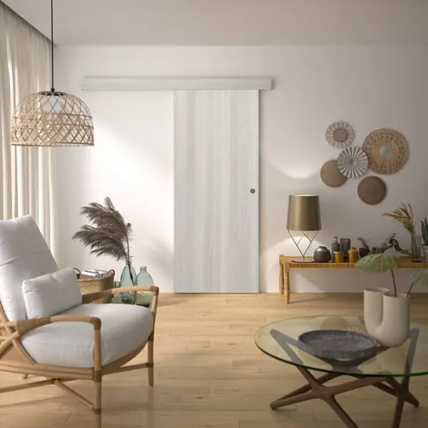 Kit porte coulissante en MDF décor chêne gris avec rail aluminium 204 x 83 cm