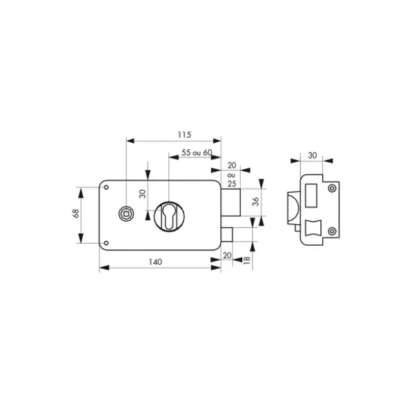 Boitier de serrure horizontale en applique double entrée pour entrée, droite poussant, axe 60mm, 140x88mm, noir - THIRARD