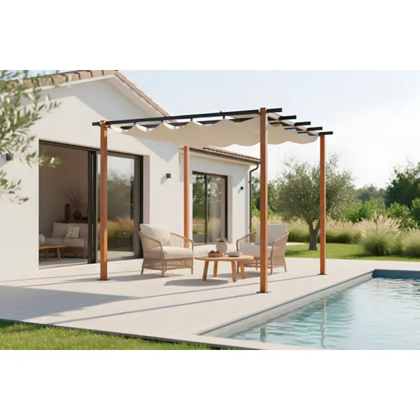 Pergola 300 x 300 cm toile coulissante beige structure aluminium effet bois