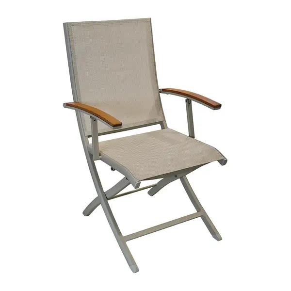 Fauteuil repas pliant - TREVISE - Crème chevron - Aluminium époxy - Accoudoirs teck FSC - PROLOISIRS