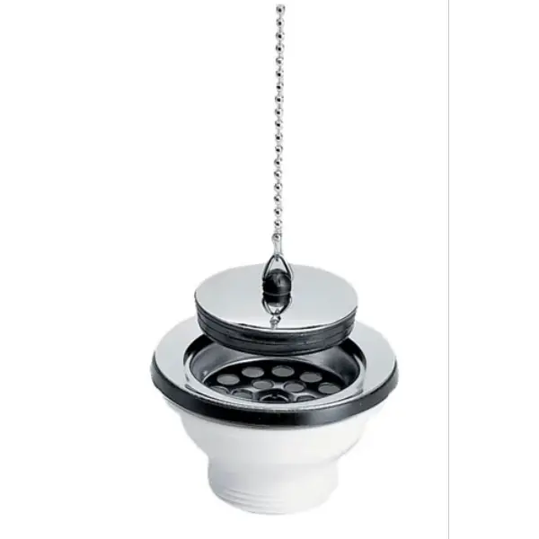 Bonde PVC évier grès/synthèse avec grille inox, bouchon et chaînette Ø84 - percage 60mm