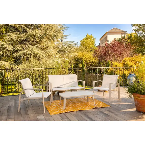 Salon de jardin - Komodo - aluminium et textilène - blanc - 4 places - sofa, 2 fauteuils et table basse - Jardiline