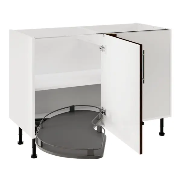 Meuble bas d'angle de cuisine 120 cm décor imitation noyer mat avec rangement coulissant HELINE