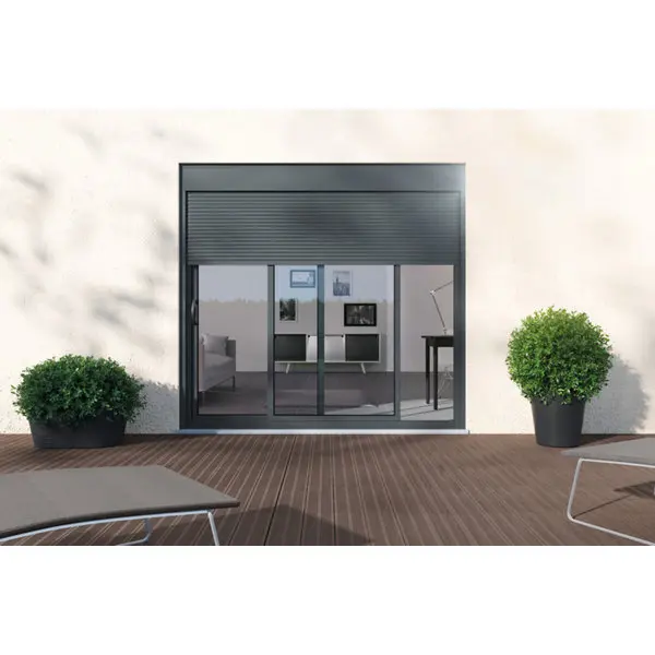 Baie coulissante en aluminium bicolore blanc/ gris + volet roulant - Dim. H. 200 x L. 240 cm