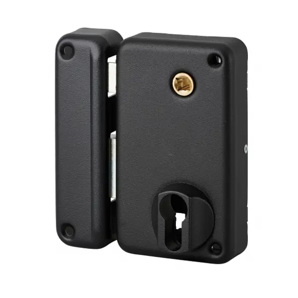 Boitier de serrure verticale en applique double entrée à fouillot pour portail, gauche, axe 45mm, 75x130mm, noir - THIRARD