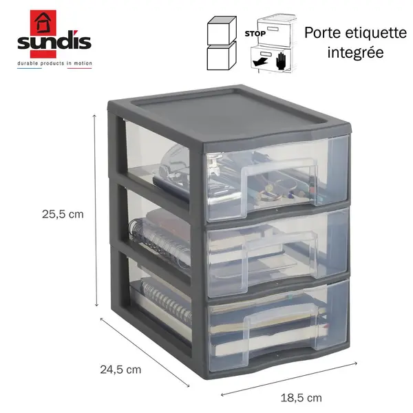 Tour de rangement TAG TOWER A5 SUNDIS, 3 tiroirs, L.24,5 x l.18,5 x H.25,5cm - SUNDIS