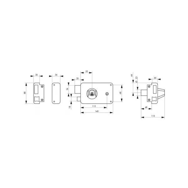 Serrure horizontale en applique double entrée à fouillot pour porte d'entrée, gauche, axe 55mm, 140x88mm, noir, 3 clés - THIRARD